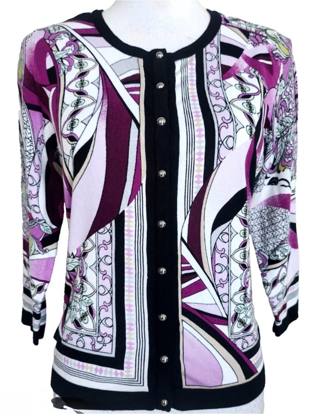 WHBM | Beautiful Purple & Blk Geometric Cardigan | Sz M | Like New